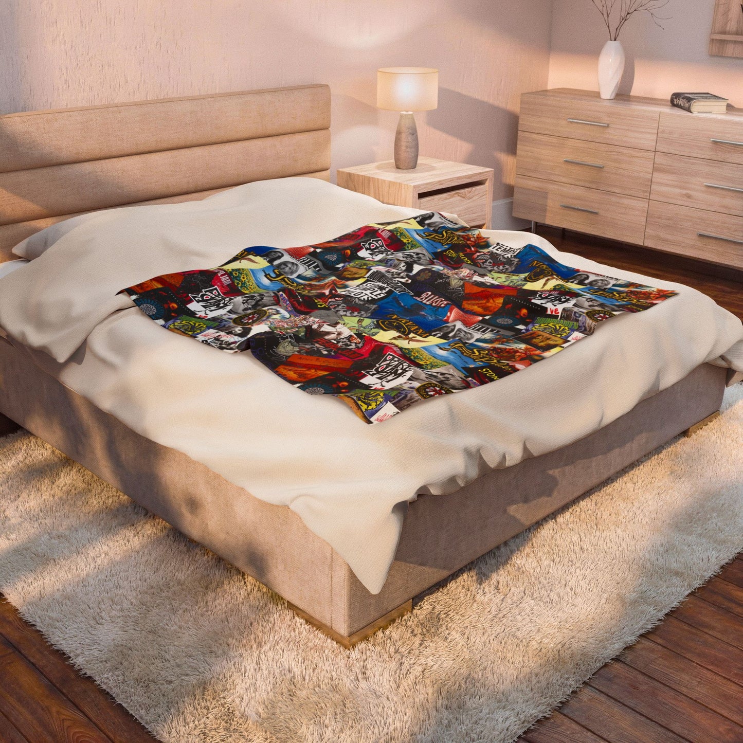 Band Collage Velveteen Plush Blanket — Retro Rock Album Covers Throw