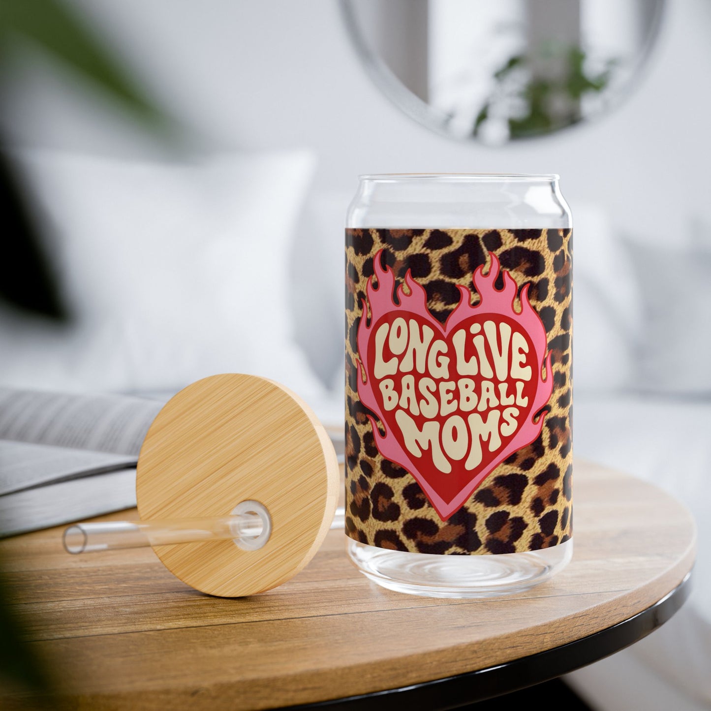 16oz Can Tumbler — "Long Live Baseball Moms" Leopard Print Glass with Straw & Bamboo Lid