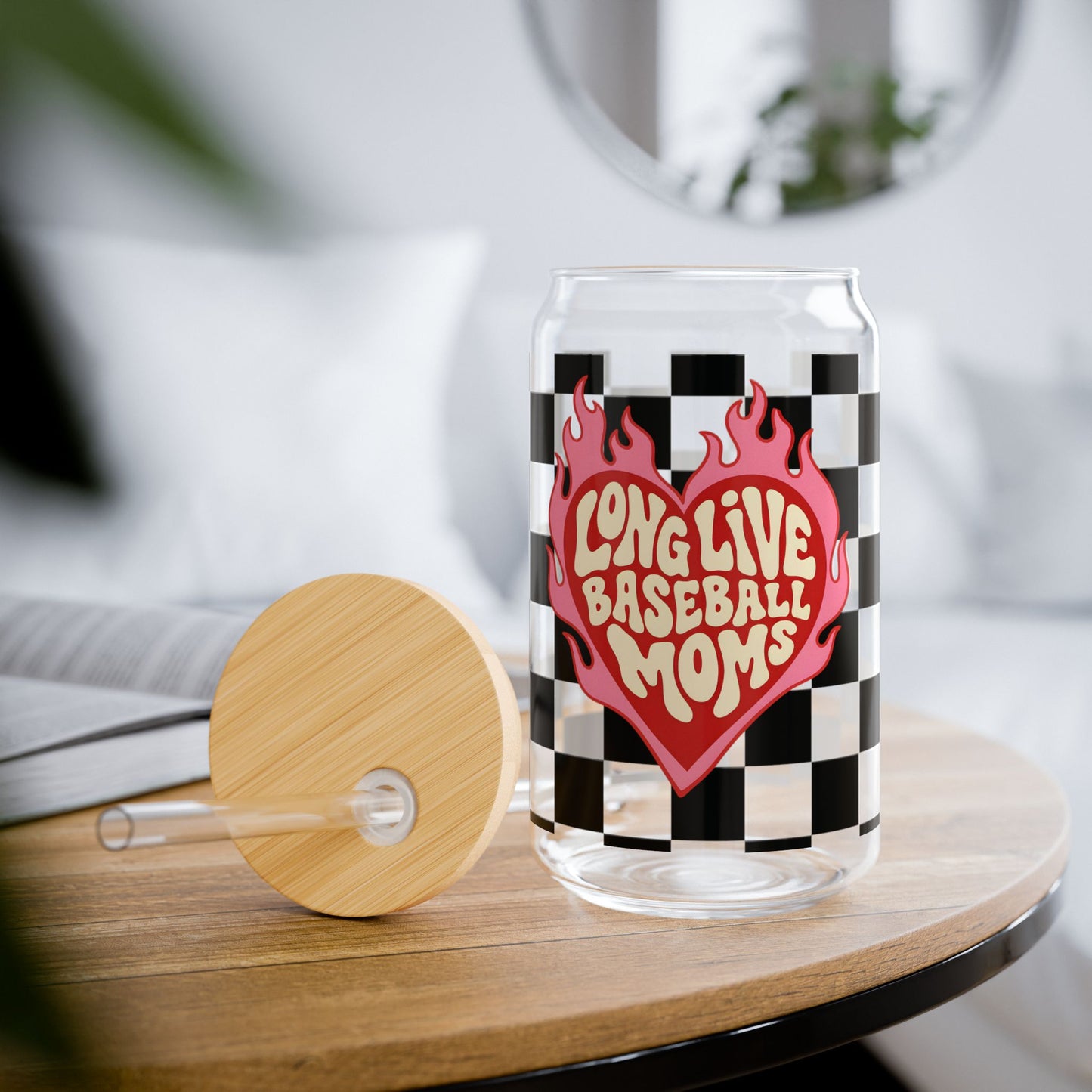 16oz Sipper Glass – "Long Live Baseball Moms" Checkerboard Design
