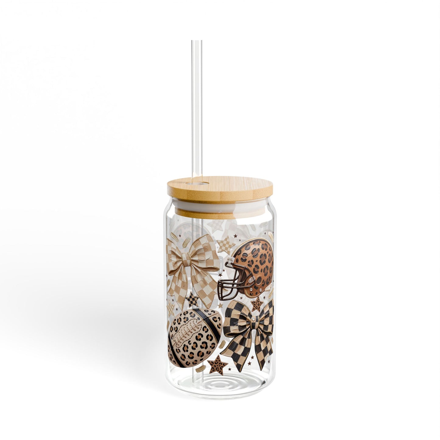 Leopard Game Day Sipper Glass — 16oz Clear Jar Tumbler with Bamboo Lid & Straw