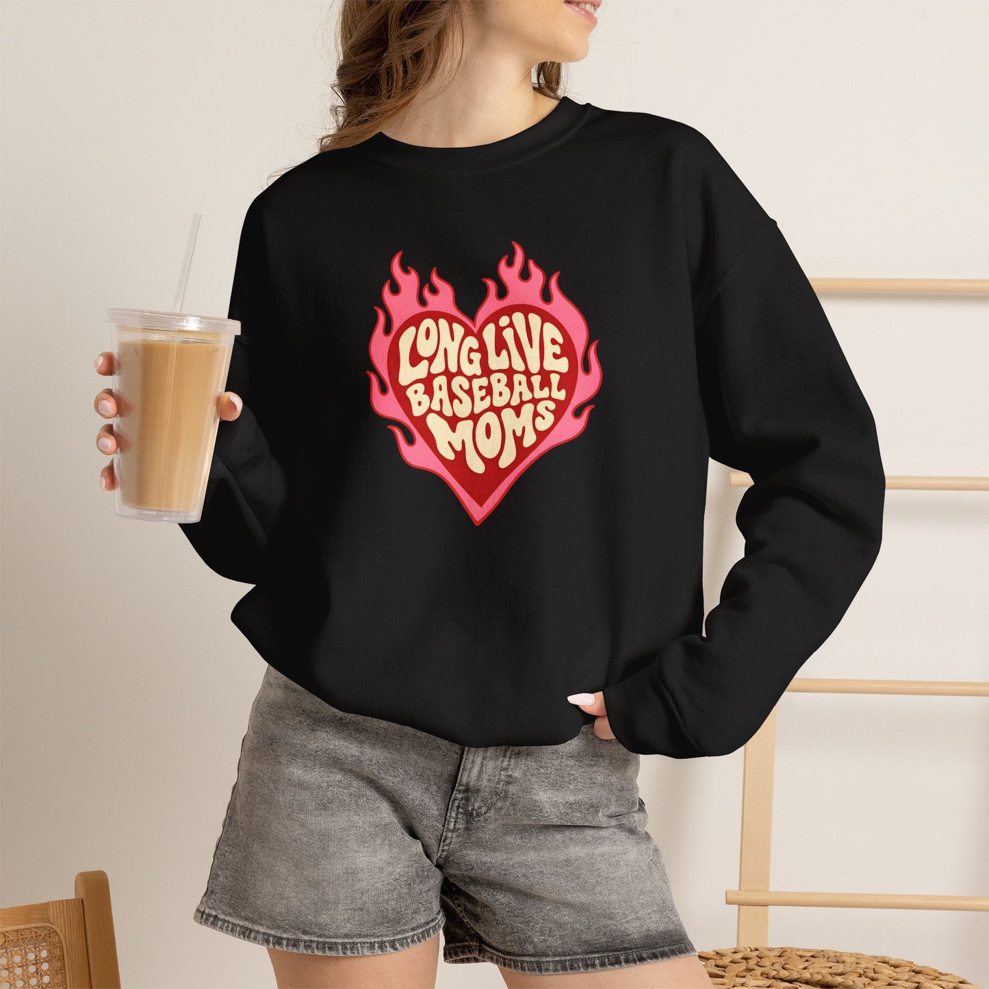 Long Live Baseball Moms Sweatshirt — Flaming Heart Baseball Mom Crewneck