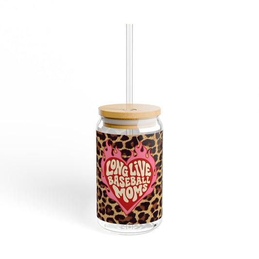16oz Can Tumbler — "Long Live Baseball Moms" Leopard Print Glass with Straw & Bamboo Lid