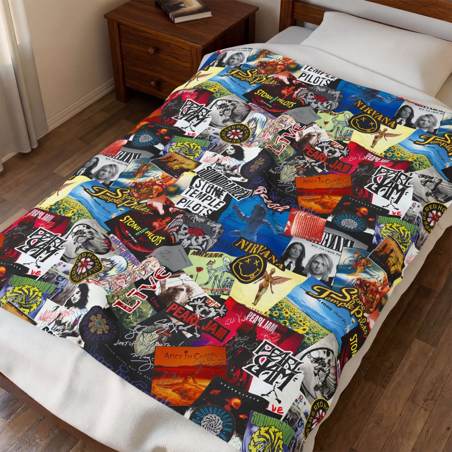 Band Collage Velveteen Plush Blanket — Retro Rock Album Covers Throw