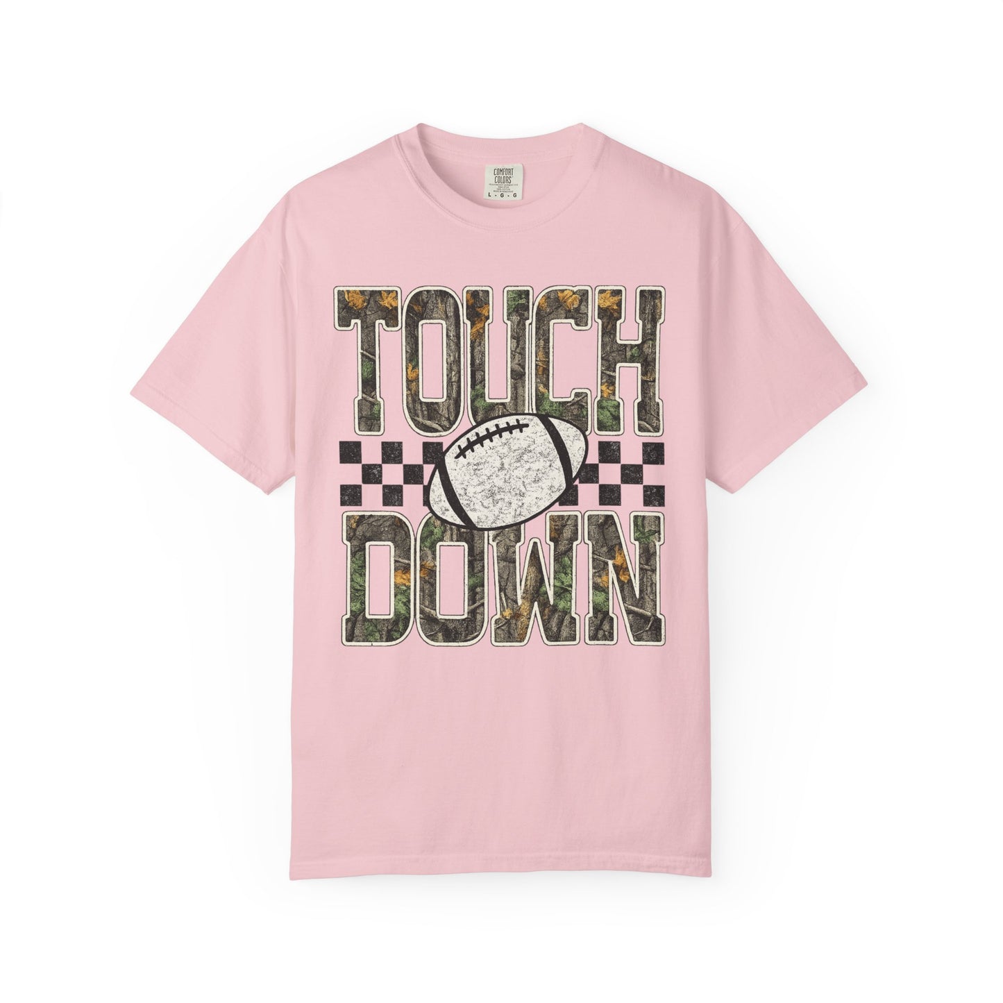 Touchdown Football T-Shirt — Camo Lettering & Checkerboard Game Day Tee