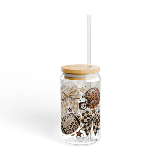 Leopard Game Day Sipper Glass — 16oz Clear Jar Tumbler with Bamboo Lid & Straw