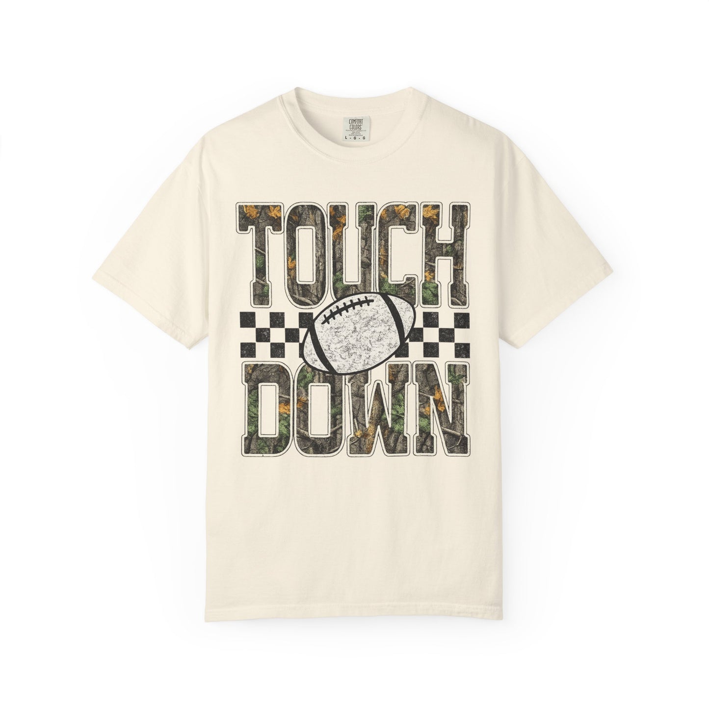 Touchdown Football T-Shirt — Camo Lettering & Checkerboard Game Day Tee