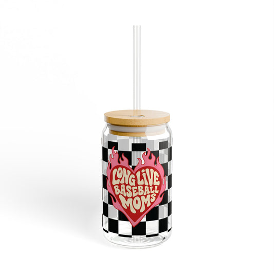 16oz Sipper Glass – "Long Live Baseball Moms" Checkerboard Design