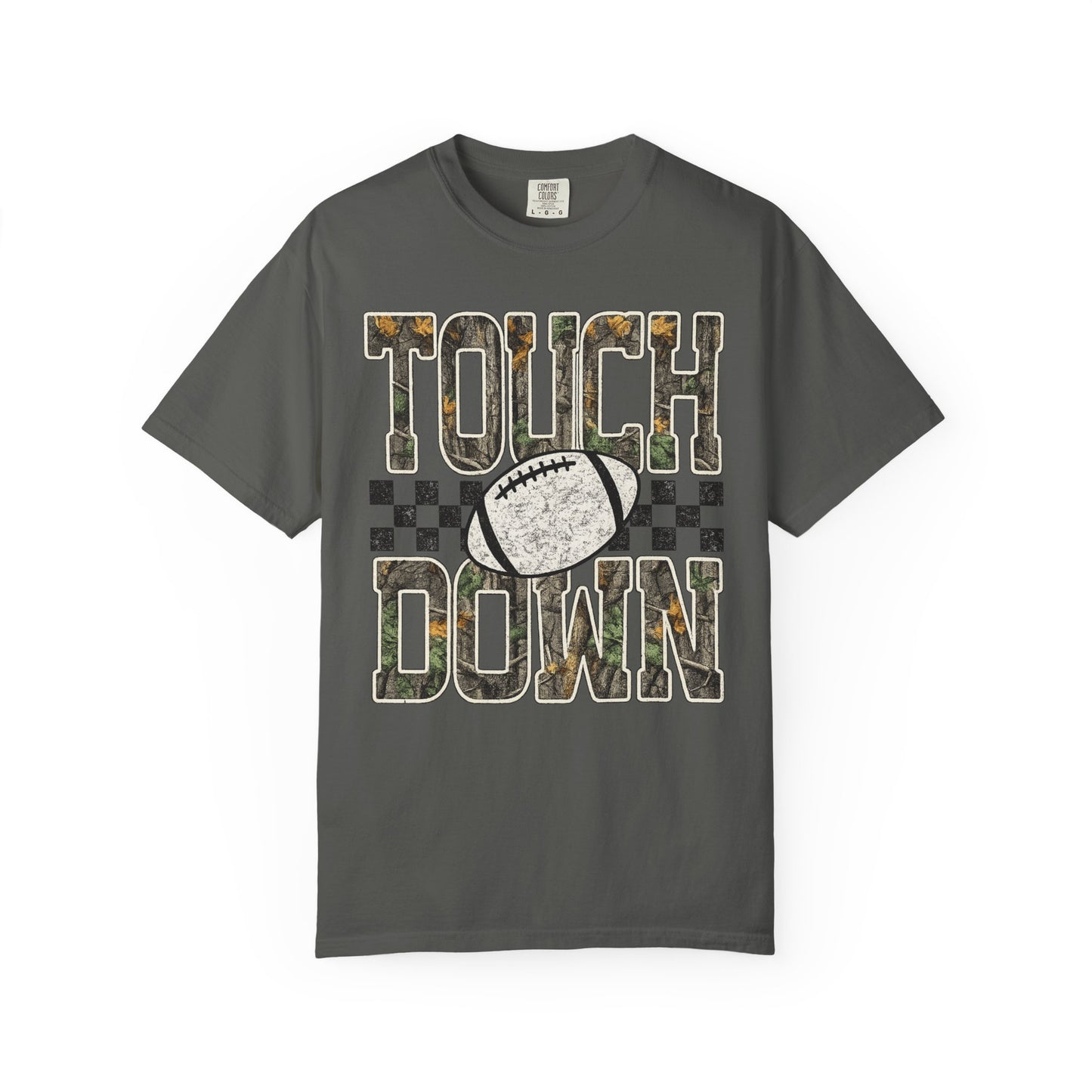 Touchdown Football T-Shirt — Camo Lettering & Checkerboard Game Day Tee