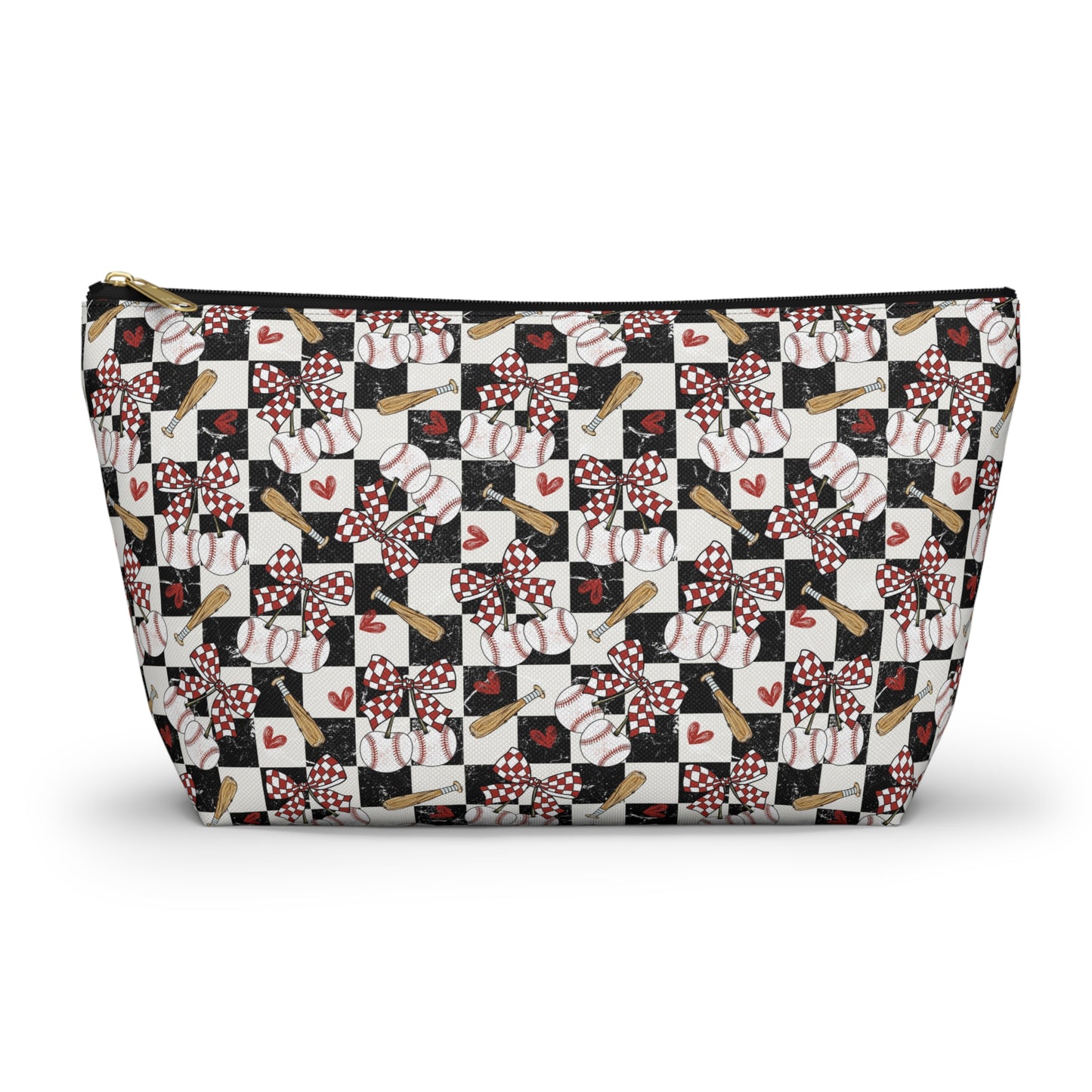 Checkerboard Ribbon Accessory Pouch — Floral Bow T‑Bottom Makeup Bag