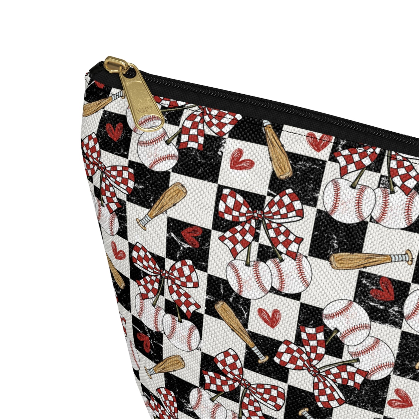 Checkerboard Ribbon Accessory Pouch — Floral Bow T‑Bottom Makeup Bag