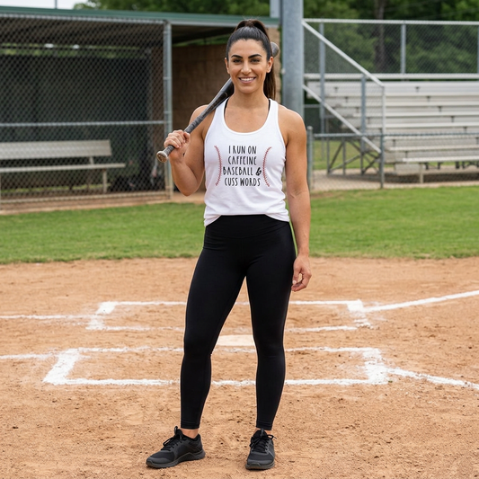 I run on Caffeine, Baseball, & Cuss Words Racerback Tank