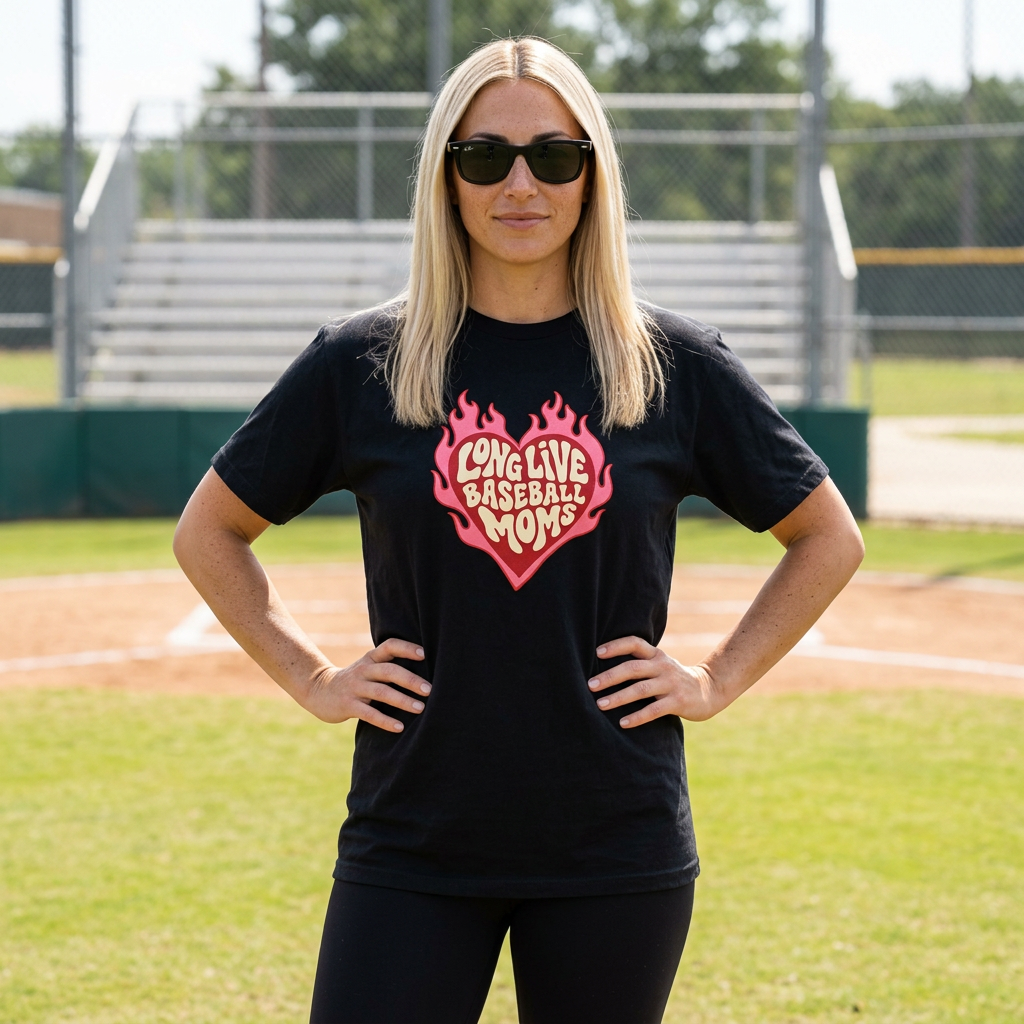 Baseball Mom T-Shirt – "Long Live Baseball Moms" Heart Flame Graphic