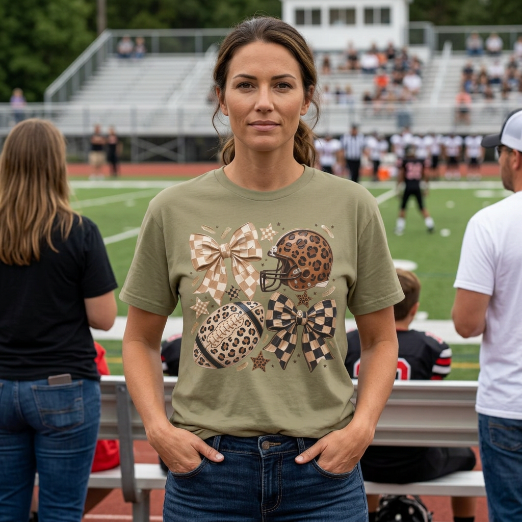 Leopard Coquette Football T-Shirt – Bow, Helmet & Football Design