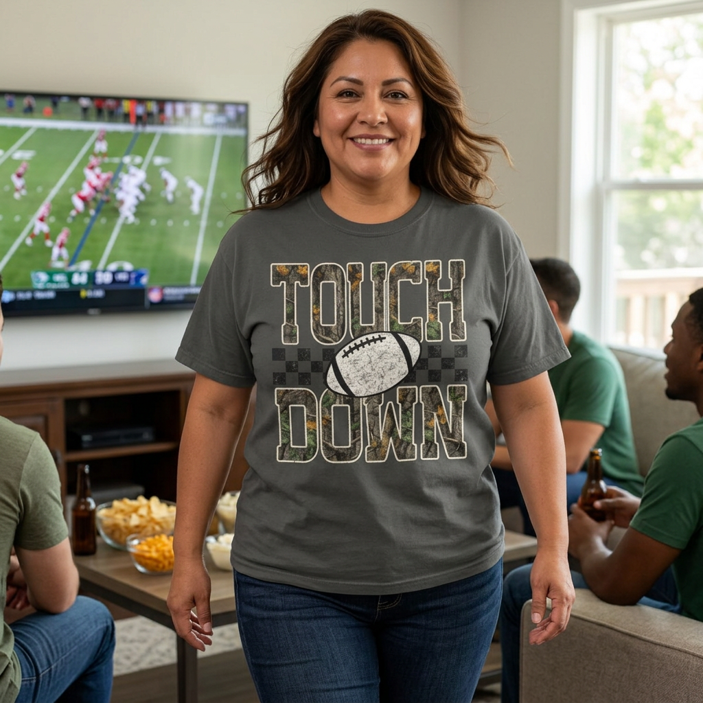 Touchdown Football T-Shirt — Camo Lettering & Checkerboard Game Day Tee