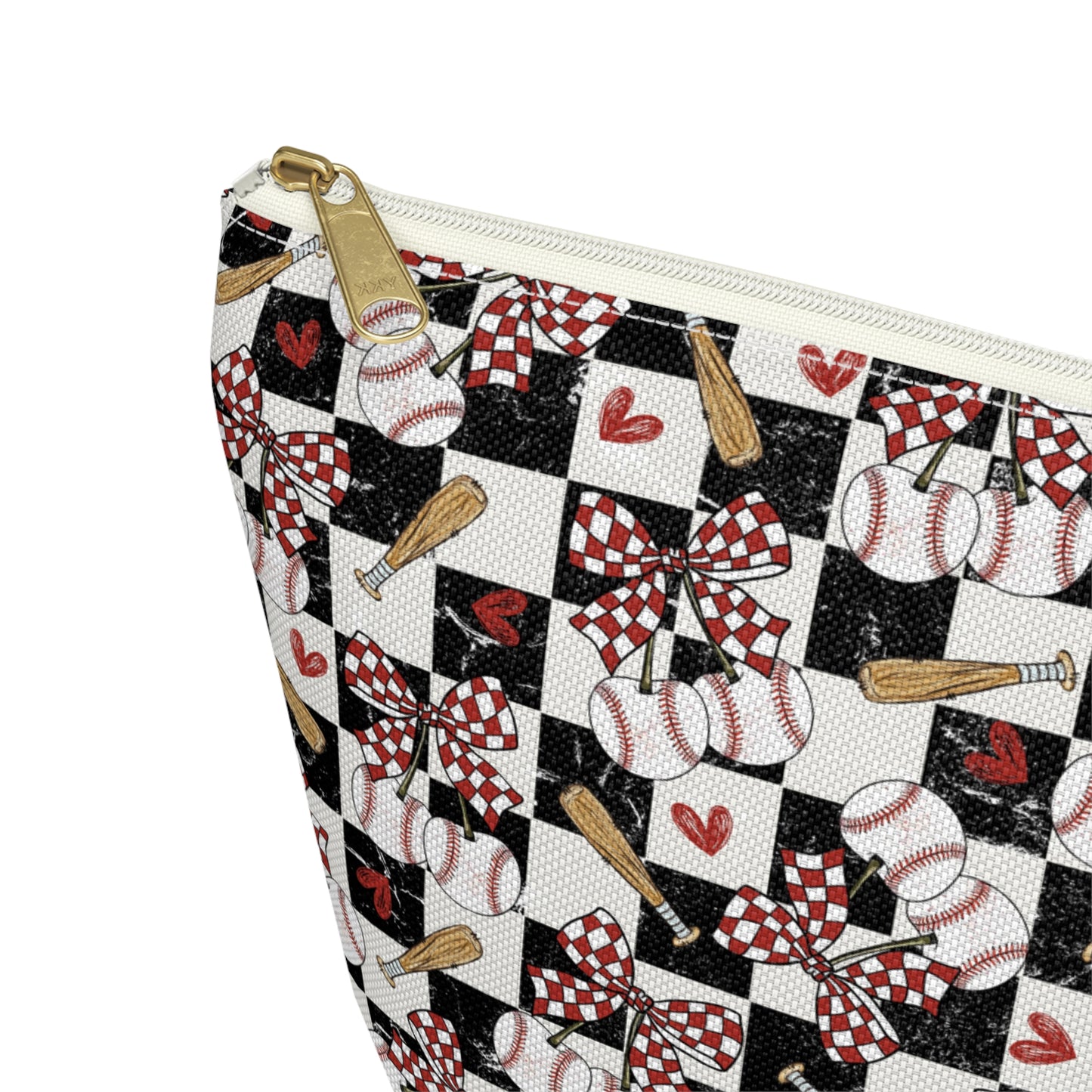 Checkerboard Ribbon Accessory Pouch — Floral Bow T‑Bottom Makeup Bag