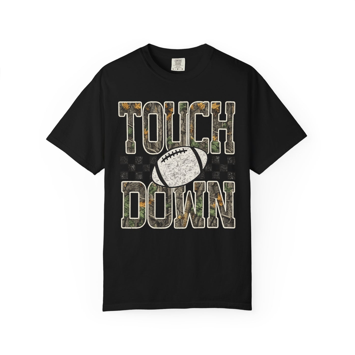 Touchdown Football T-Shirt — Camo Lettering & Checkerboard Game Day Tee