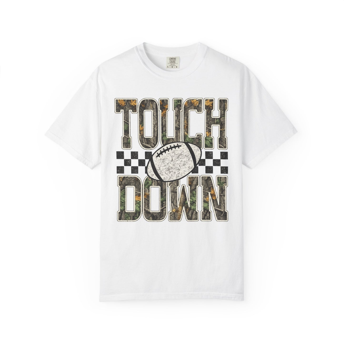 Touchdown Football T-Shirt — Camo Lettering & Checkerboard Game Day Tee