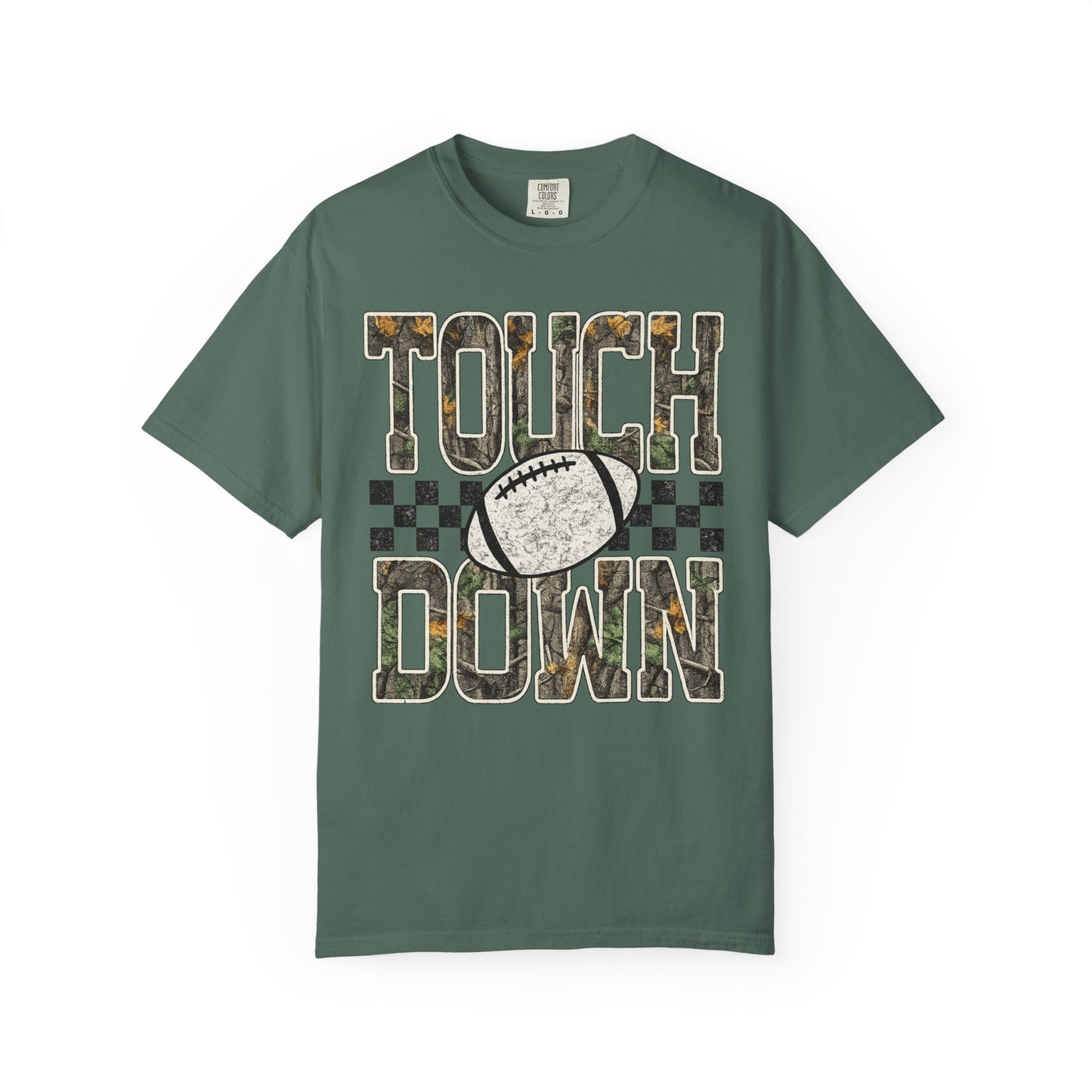 Touchdown Football T-Shirt — Camo Lettering & Checkerboard Game Day Tee