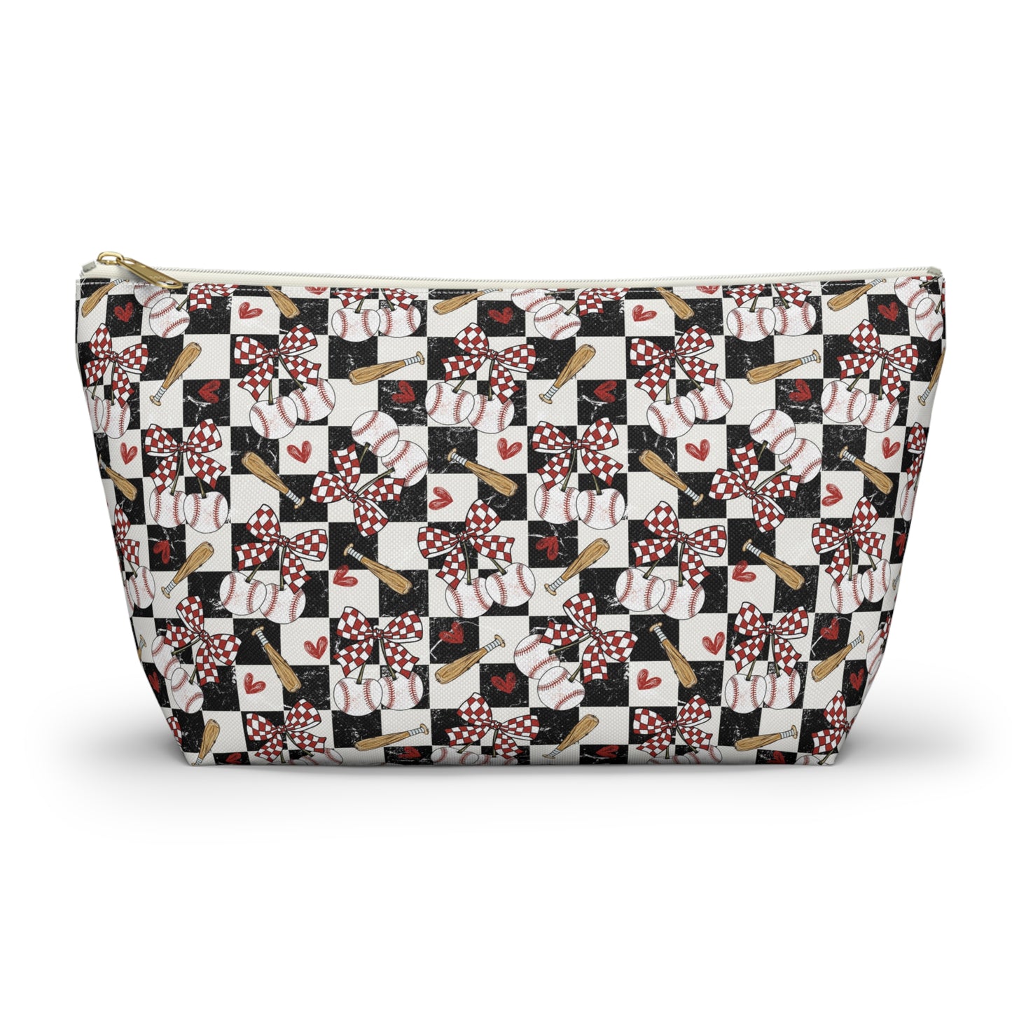 Checkerboard Ribbon Accessory Pouch — Floral Bow T‑Bottom Makeup Bag