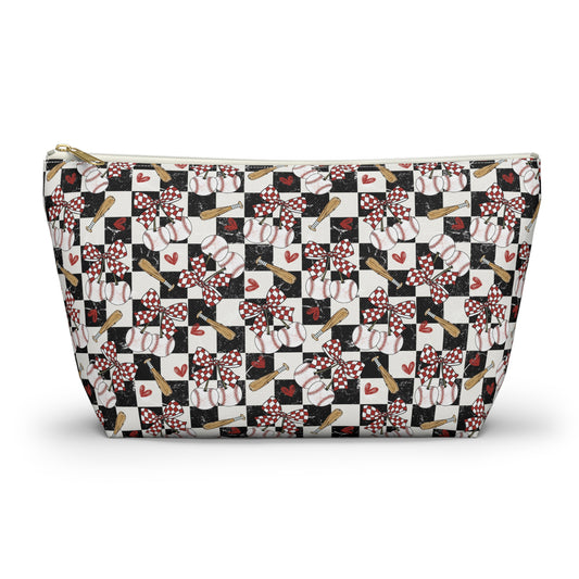 Checkerboard Ribbon Accessory Pouch — Floral Bow T‑Bottom Makeup Bag