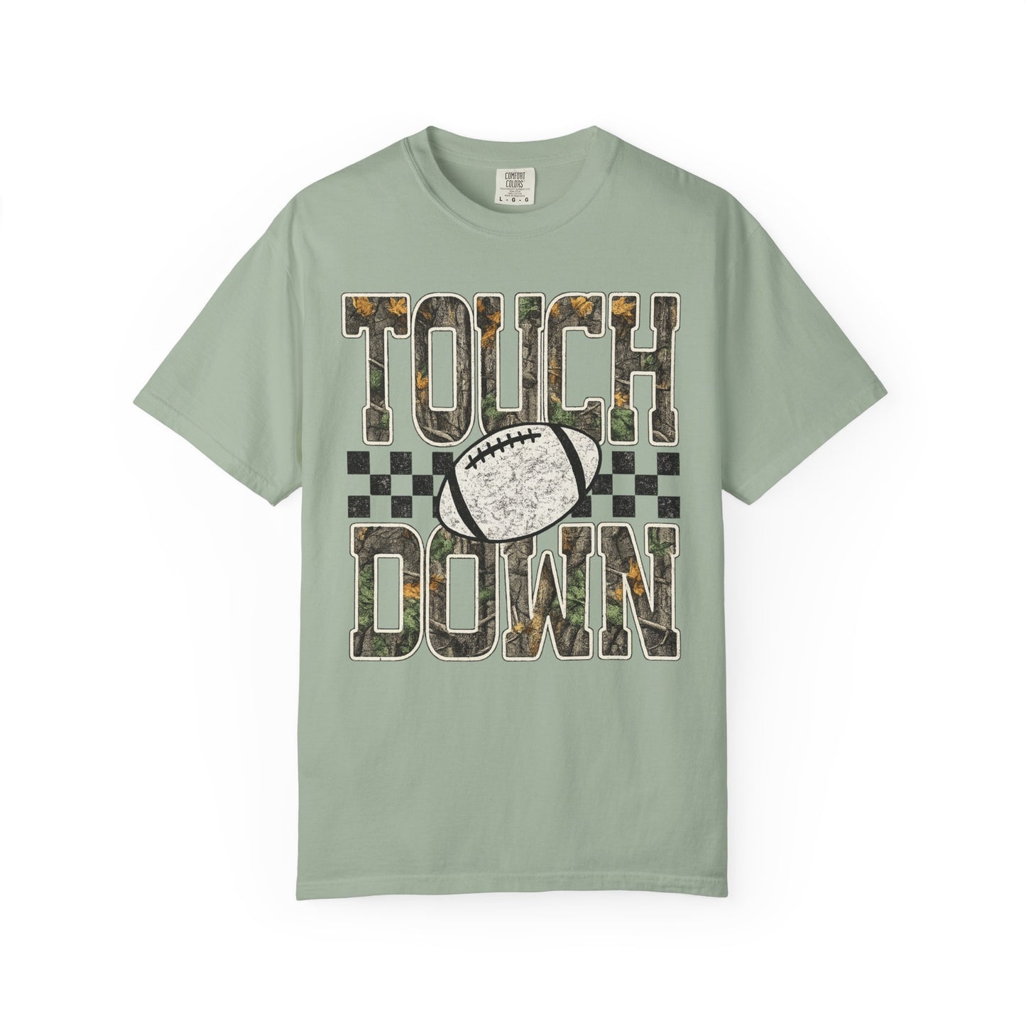 Touchdown Football T-Shirt — Camo Lettering & Checkerboard Game Day Tee