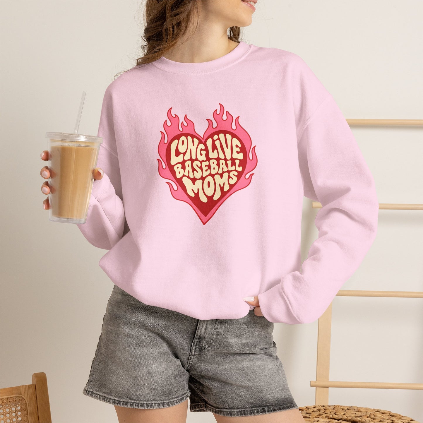 Long Live Baseball Moms Sweatshirt — Flaming Heart Baseball Mom Crewneck