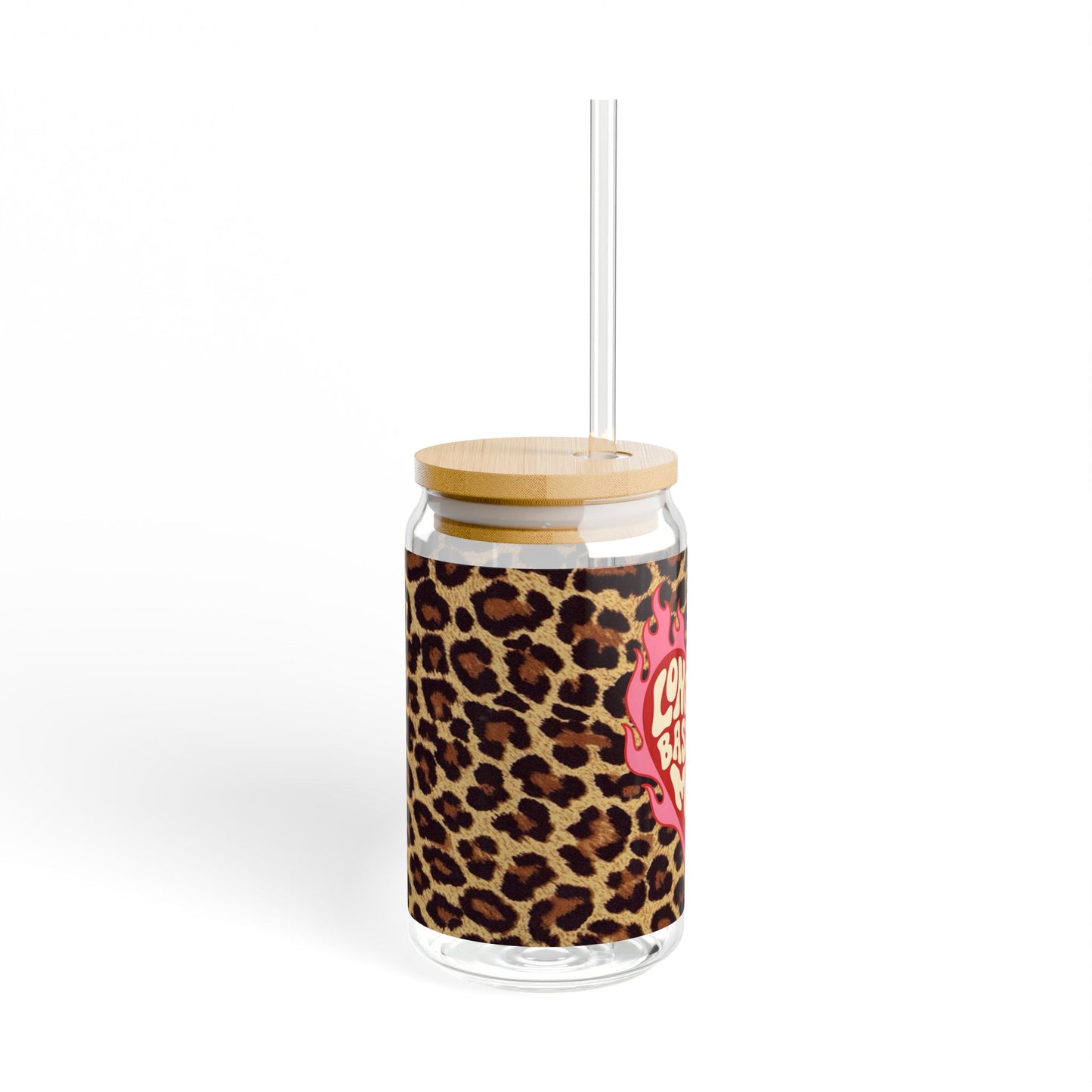 16oz Can Tumbler — "Long Live Baseball Moms" Leopard Print Glass with Straw & Bamboo Lid